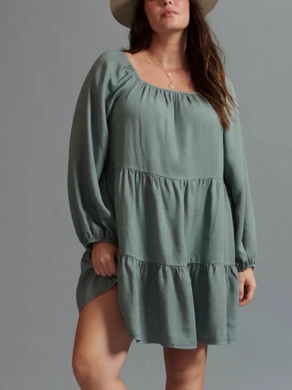 Anthropologie Amadi Verity Tiered Tunic Dress Size S Sage Green Long Sleeve Boho